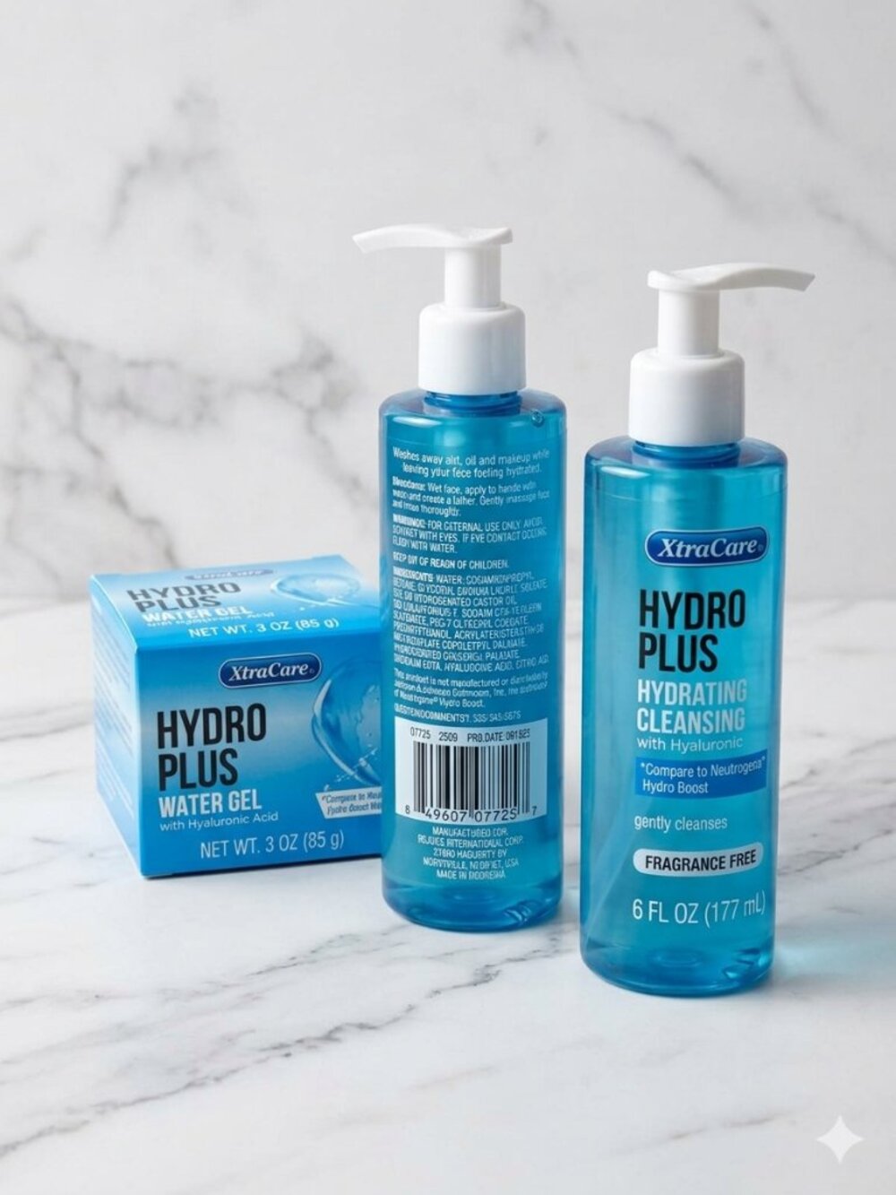 New XtraCare Hydro Plus 3PC Skincare Set Hyaluronic Acid Gel & Cleanser